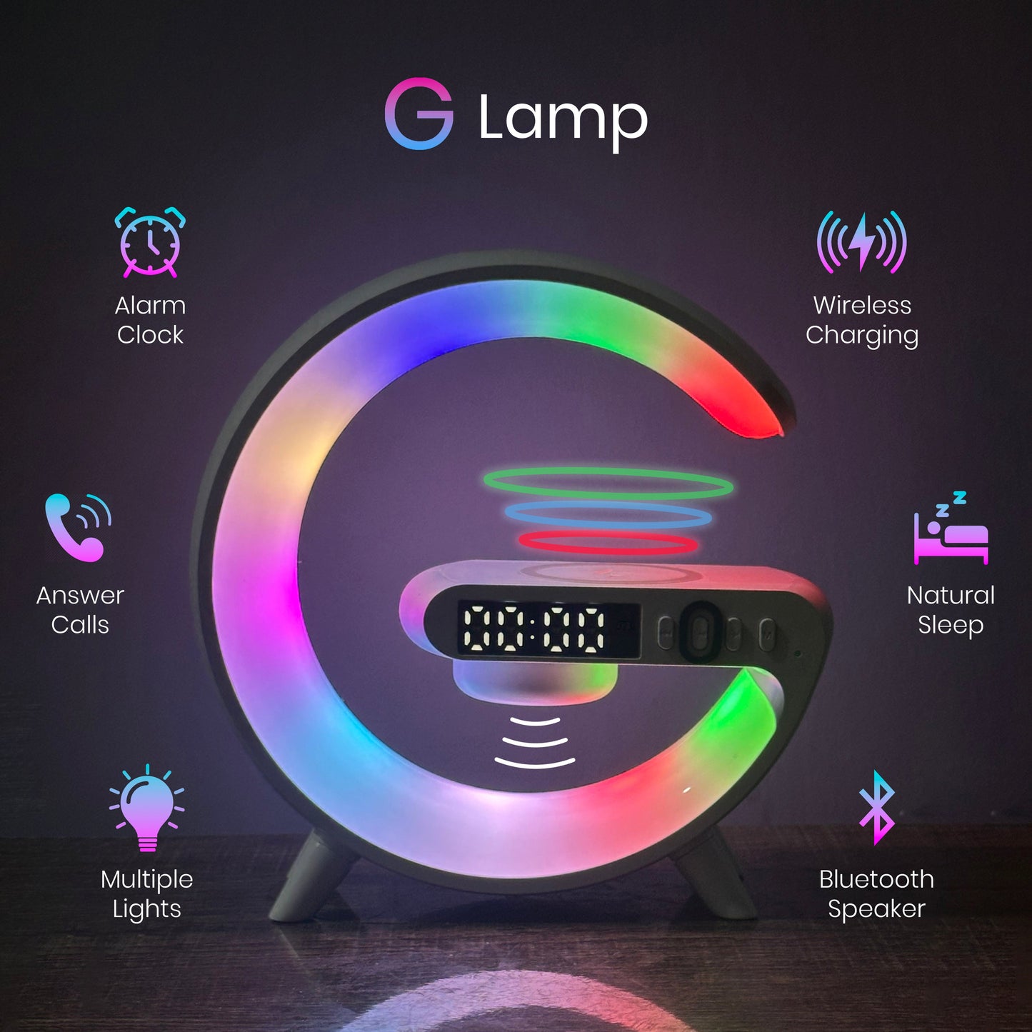 G Shaped Lamp 15W Wireless Charger | Bluetooth Speaker | RGB Lights | Alarm Clock